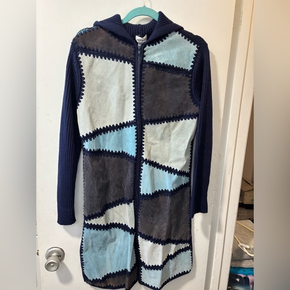 Airport Sweaters - Airport Vintage Blue Patchwork Suede Hooded Women's Jacket Sweater Size L